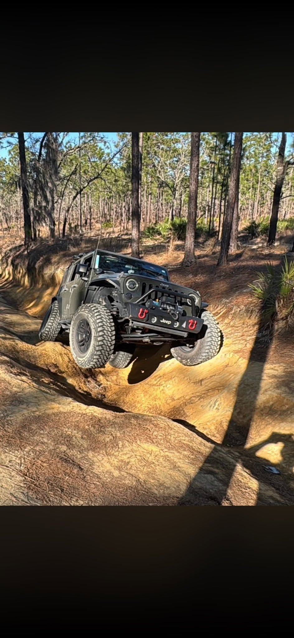 Black Jeep navigating rocky terrain in Florida forest